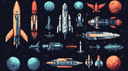 Colorful pixel art showcasing various rocket designs and space vehicles against a starry background