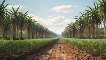 A Beautiful Sugar Cane Plantation with Vibrant Green Fields Under a Clear Sky