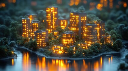 Fototapeta premium Illuminated city nestled on tranquil island