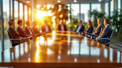 Blurred business executives around polished wooden conference table with golden sunlight through windows. Corporate meeting space with professionals in formal attire. Modern office boardroom