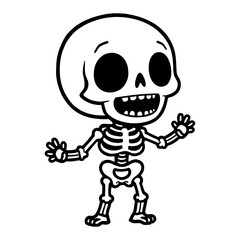 Cute Chibi Kawaii Skeleton Shocked or Surprised Pose Cartoon Style Black and White Outline Line Art Drawing