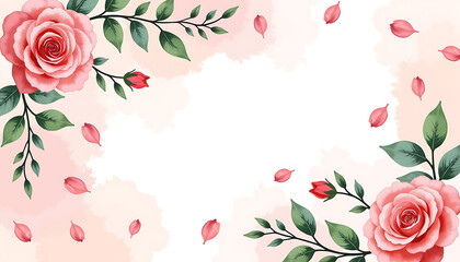 Watercolor painting: delicate floral background with graceful roses and scattered petals