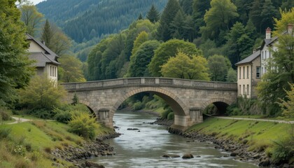 Fototapeta premium Scenic Stone Bridge Over Serene River Surrounded by Lush Nature