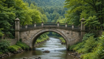 Fototapeta premium Scenic Stone Bridge Over Tranquil Stream Surrounded by Lush Forest