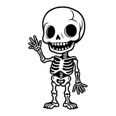 Cute Chibi Kawaii Skeleton Waving Hand Funny Character Black and White Outline Line Art Drawing