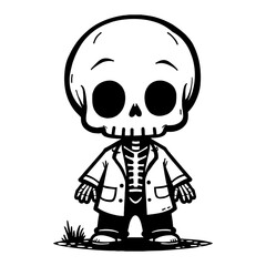 Cute Chibi Kawaii Skeleton Wearing Doctor Outfit Standing Front Detailed Black and White Outline Line Art Drawing