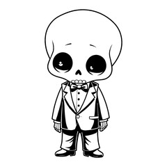 Cute Chibi Kawaii Skeleton Wearing Tuxedo Cartoon Character Black and White Outline Line Art Drawing