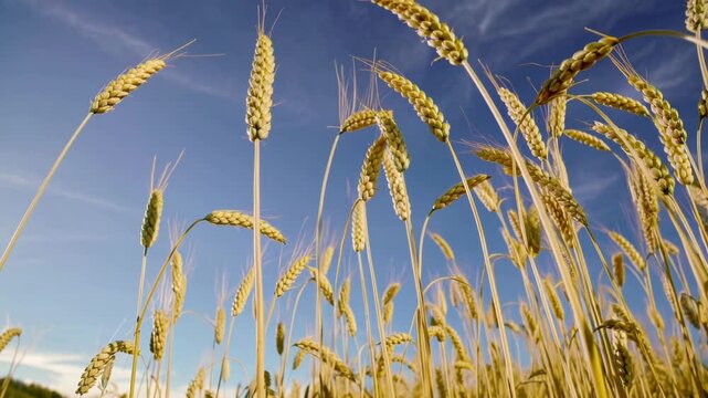 Golden wheat swaying under blue sky on sunny day