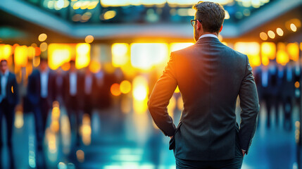 Business professional in formal suit observing from distance. Leadership concept with executive standing apart. Corporate vision and strategic outlook. Environment with blurred people in background.
