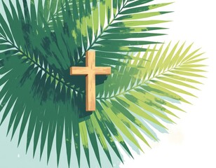 Minimalist green palm fronds fan with wooden cross, bright daylight, flat color illustration, copyspace for text