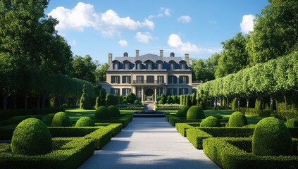 Grand estate with meticulously landscaped gardens, a paved pathway leading to a historic style mansion, lush greenery, and clear blue sky. Daylight illuminates the scene