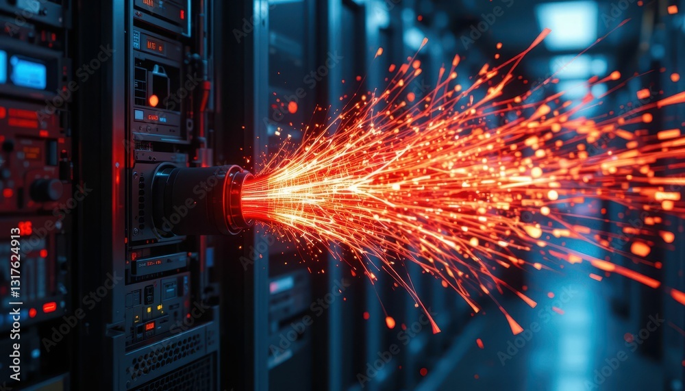 Poster Spark Emanating from Server in Data Center with Dramatic Lighting