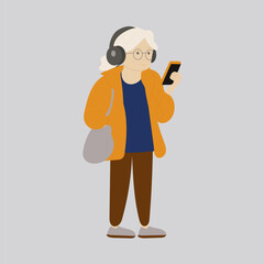 Old woman listen the music with headphone, looking at the mobile. Flat design