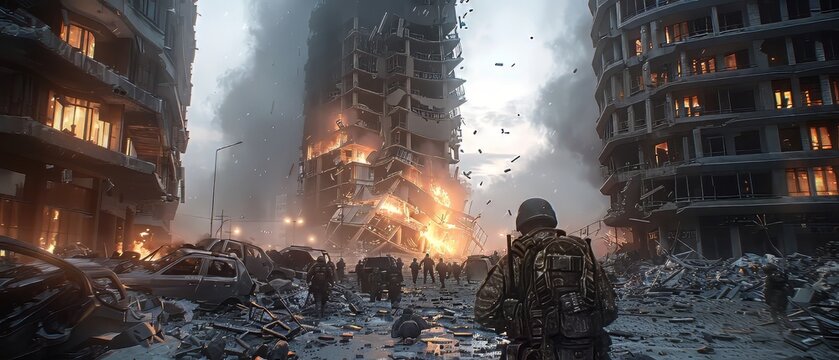 A dramatic war scene in a modern city with towering skyscrapers, partially destroyed and engulfed in flames. Thick smoke rises, debris covers the streets. A highly realistic depiction of urban warfare
