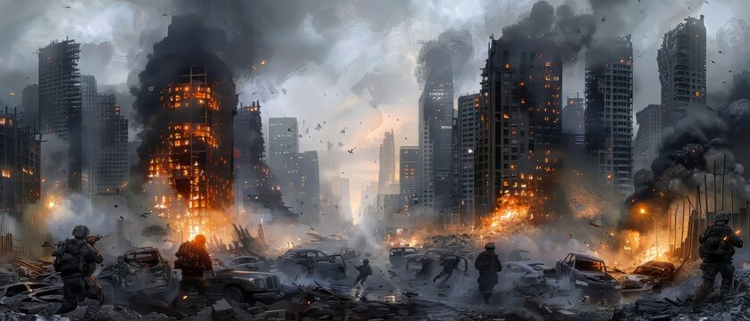 A dramatic war scene in a modern city with towering skyscrapers, partially destroyed and engulfed in flames. Thick smoke rises, debris covers the streets. A highly realistic depiction of urban warfare