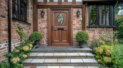 Traditional Tudor-style door with leaded glass and oak timber