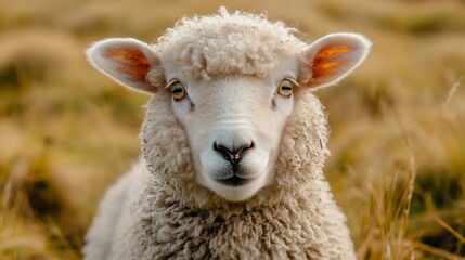 Fototapeta premium Portrait of sheep grazing in a meadow on a sunny day