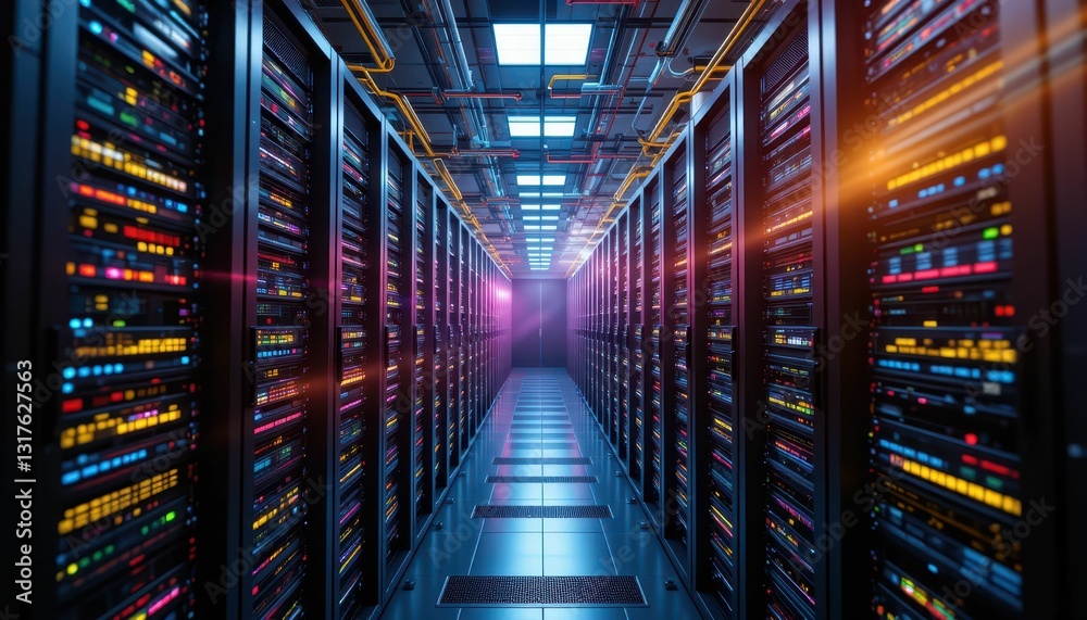 Poster high-tech data center with illuminated server racks and cables
