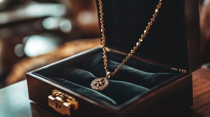 An open jewelry box with a gold necklace draped inside, set against a soft-focus luxury backdrop