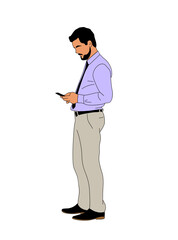 Businessman standing with phone full length side view. Handsome man wearing smart casual office outfit using smartphone, Chatting, texting, watching news. Vector outline illustration.