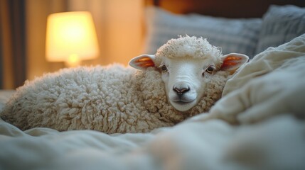 Naklejka premium Fluffy lamb peacefully rests in bed nighttime
