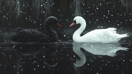 Two Swans Face Each Other Floating Peacefully on Calm Water