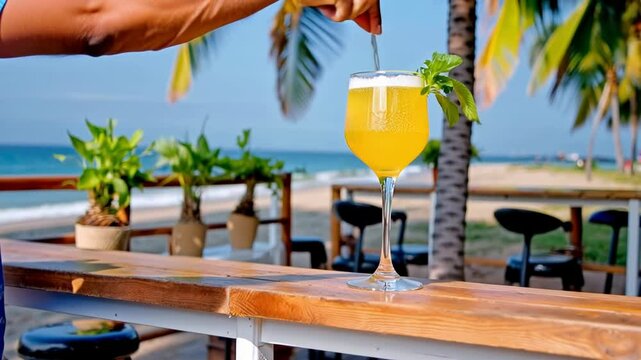 Bartender preparing tropical cocktail at beach bar