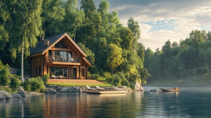 Obraz premium Serene lakeside cabin surrounded by lush greenery, with boats on calm water and a tranquil sky in the background