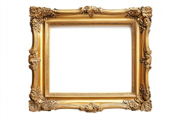 Golden photo frame isolated on a white background. Object with clipping path. Modern simple gold frame ideal for advertisement background and photography concept. Picture frame isolated on white.