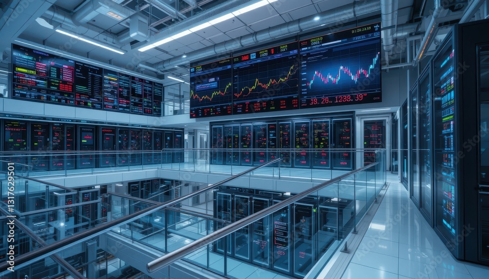 Poster high-tech data center with multiple screens displaying stock market trends