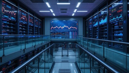 Fototapeta premium Modern Data Center with Digital Screens and Financial Graphs Analysis