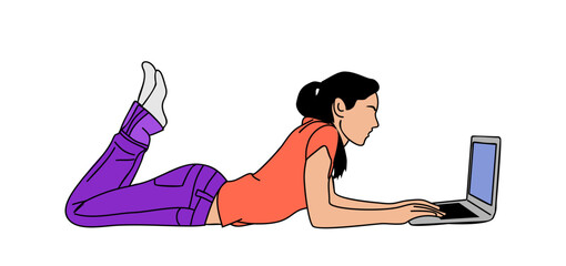 Freelancer girl working remotely lying on floor. Modern young woman relaxing, use laptop, chatting, surfing internet, learning online. Vector outline colored illustration isolated 