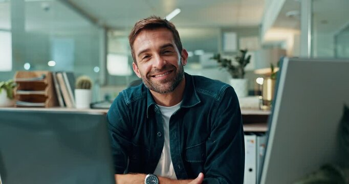 Face, relax and happy man with laptop, confidence and technology for finance, bookkeeping and report. Portrait, budget and auditor with smile for company, accounting and financial investment online