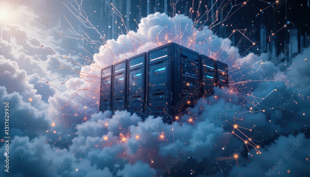 Poster digital cloud computing concept with server in abstract environment