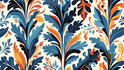 Vibrant Floral Textile Design: A Seamless Pattern of Stylized Leaves and Plants in Bold Hues