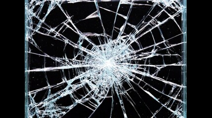 Cracked screen shattered glass radiates from a central point on black background