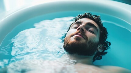 Man experiences serenity floating peacefully in water, achieving total relaxation