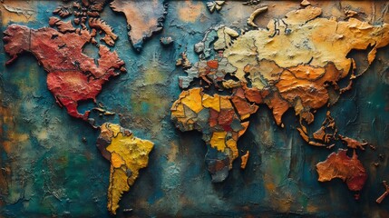 Colorful relief world map showing countries and continents © creative