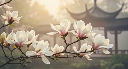Blooming Magnolia Flowers with Asian Architecture in Soft Morning Light