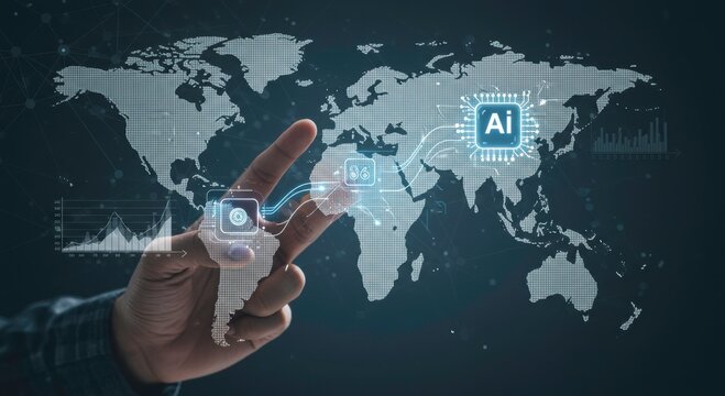 Global AI Technology Network Hand Interacting with Digital World Map Data and AI Chip