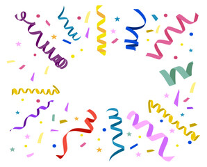 Confetti and serpentine vector frame background with colorful ribbons, copy space for text. Christmas, New year, Holidays, Anniversary, celebration, greeting, invitation card template, cover, overlay.