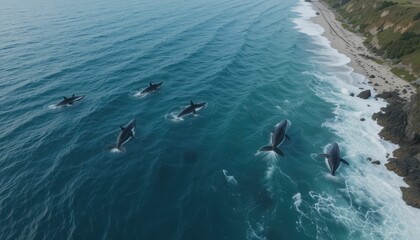 Naklejka premium Majestic Whales Swimming Gracefully Along Coastal Shoreline