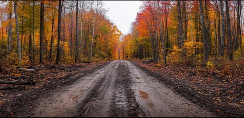 Muddy Autumn Road Through Colorful Forest Landscape Scene in Nature