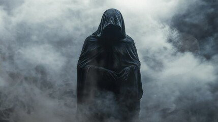 Mysterious hooded figure in dark cloak emerging from eerie swirling mist