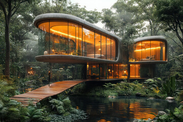 Fototapeta premium a futuristic house harmoniously integrated into a dense tropical forest. 