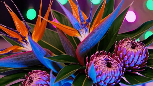 A close-up of exotic bird of paradise and protea flowers with rich orange, blue, and purple hues, set against a blurred background of glowing multicolored lights