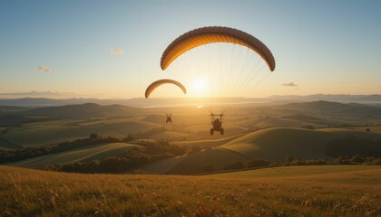 Sunset View of Paragliders Soaring Over Scenic Green Hills