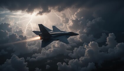 Fighter Jet Flying Through Stormy Clouds with Lightning in Background