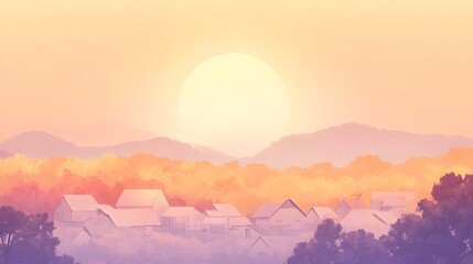 a serene village nestled beneath a stunning sunrise, painting the sky in warm hues. Houses are situated in a peaceful valley, encircled by rolling hills and lush vegetation