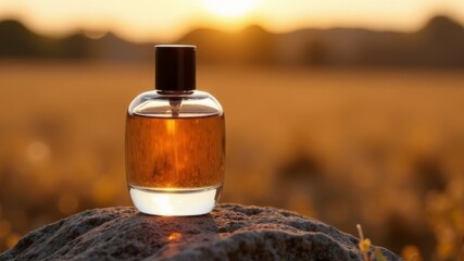 Fototapeta premium expensive perfume stands on a stone at sunset